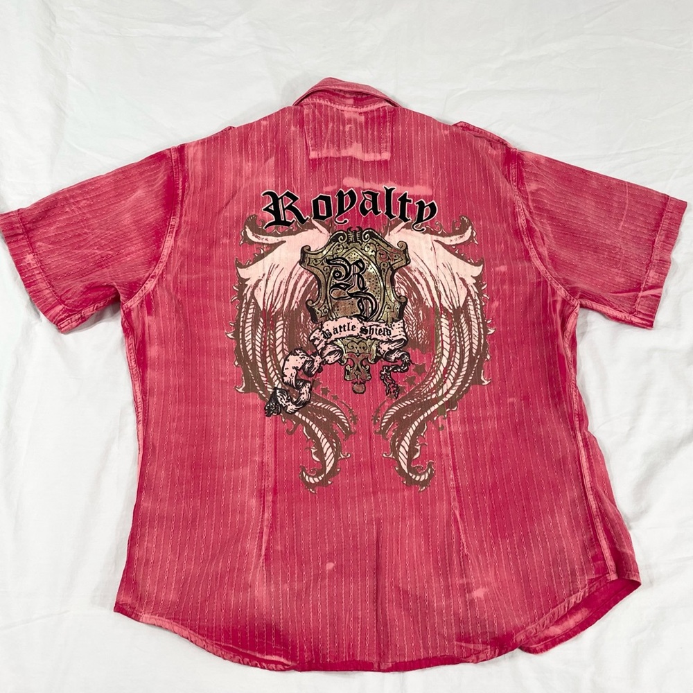 Red Dragón Mens Print Washed Red Short Sleeve Button Up Shirt Size XL
